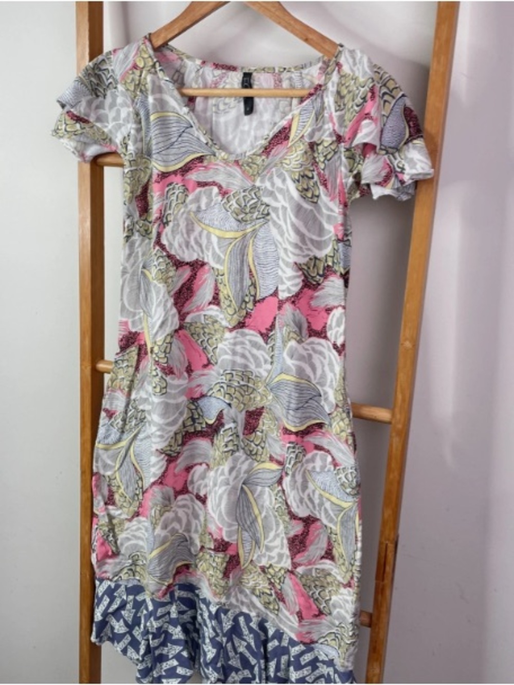 Floral Pattern Pink & Gray V-Neck Women's Dress